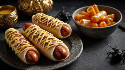 Three Hot Dogs with Mustard and a Bowl of Tteokbokki on a Dark Surface Keywords: hot dog, sausage, bun, mustard, tteokbokki