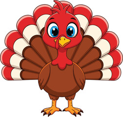 Cute cartoon turkey bird illustration, colorful feathers, farm animal character, festive holiday design, Thanksgiving symbol, isolated background, children education, playful drawing