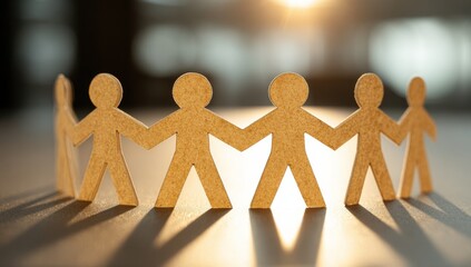 United figures forming a supportive circle, symbolizing teamwork, community, and connection illuminated by warm, hopeful sunlight.