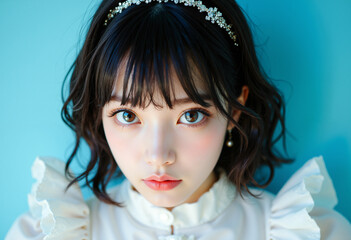 Fototapeta premium Portrait of a young woman against a blue background