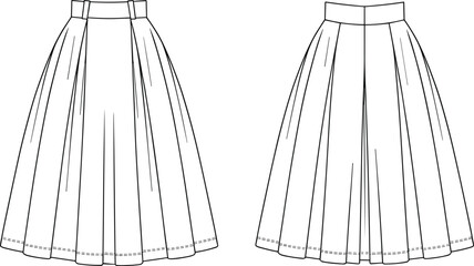 Front and back view pleated skirt flat sketch, fashion technical drawing, vector apparel design template, clothing illustration for women garment industry