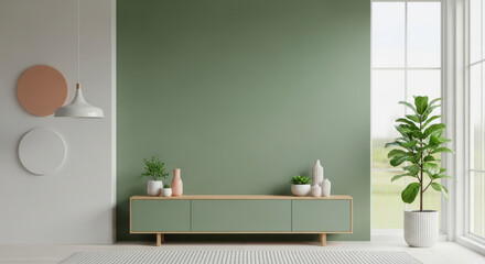Stylish Living Room Interior Featuring a Green TV Console, Decorative Wall Accents, and a Fiddle Leaf Fig Tree, Creating a Harmonious and Inviting Atmosphere