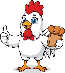 Funny cartoon chicken mascot holding fried drumsticks, cute poultry character illustration, happy farm animal design, fast food vector artwork