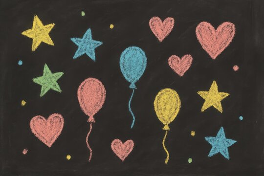 Chalk doodle balloons hearts and stars on blackboard. AI Generative.