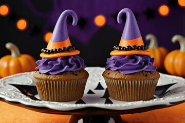 Two Halloween cupcakes decorated with purple frosting and witch hats on a platter