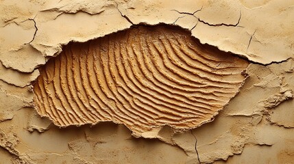 Cracked clay surface with central ridged impression in beige tones blending fossil like texture erosion detail themes geological formation ancient trace decay