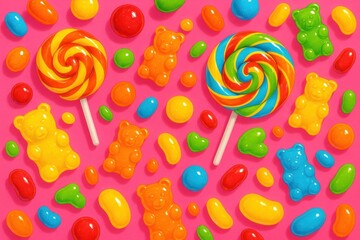 Colorful gummy bears and lollipops candy background. AI Generative.