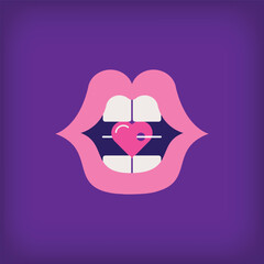 Modern heart logo between lips and teeth. Beauty, aesthetics and artistic logo template. 