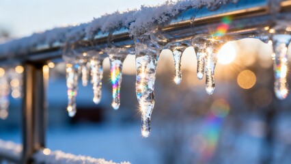 Close-up of vibrant icicles on a frosted railing under a bright winter sun.