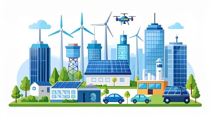 Flat Minimal Vector Renewable Future City Icon Set
