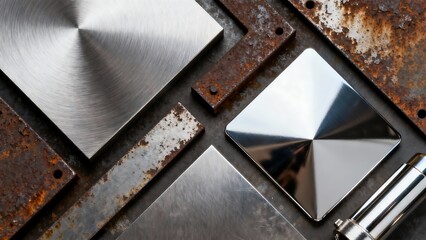 Abstract composition of brushed steel, polished chrome, and rusty metal.