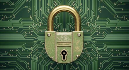 Golden padlock over circuit board, data security, digital protection