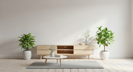 Serene Interior with Wooden Console Table and Potted Plants A Modern Living Room Design Featuring Natural Light and Minimalist Decor for a Calm and Inviting Space