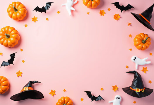 Halloween frame with pumpkins, bats, witch hats and ghosts on pink background - Powered by Adobe