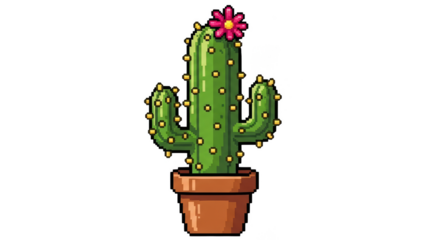 Pixelated cactus flowering in terracotta pot