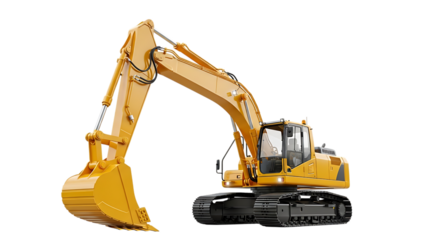 Yellow excavator isolated on transparent background, a powerful construction vehicle used for digging, earthmoving, and heavy lifting in building projects