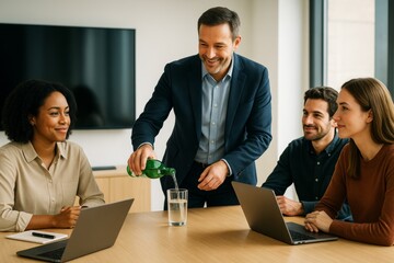 Smiling businessman pouring water in glass during relaxed office meeting with diverse team around table, laptops open, light background setting. Ai generative