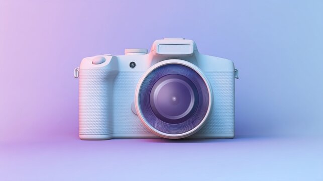 A modern DSLR camera with textured grip and prominent lens stands against a gradient background transitioning from pinki