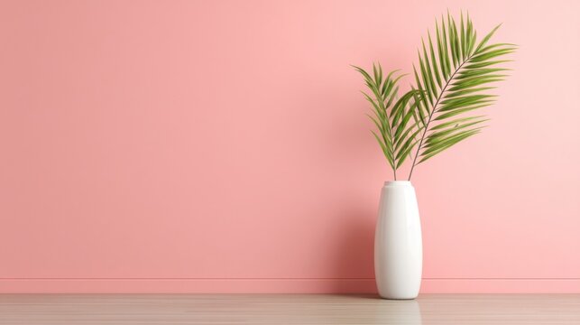 A white vase with long green leaves stands against a pink wall, with the floor visible beneath.