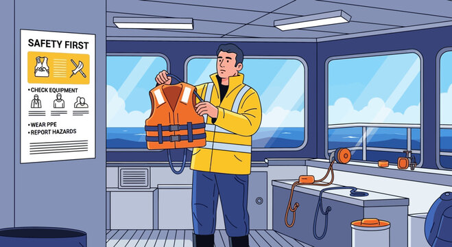Marine safety inspection illustration featuring a worker checking a life vest on a ship