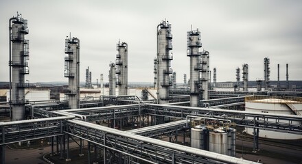 Obraz premium Industrial complex with towers, pipes, tanks under gray sky