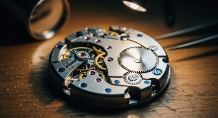 Intricate watch movement, gears, and tools on wooden surface, lit softly