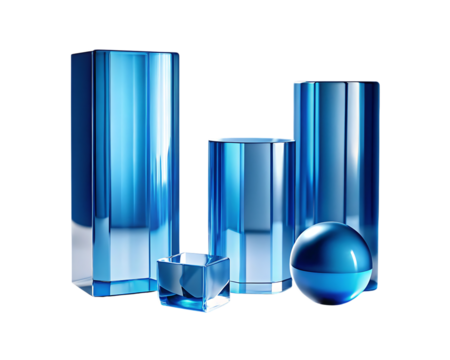 Collection of blue geometric shapes isolated on transparent background