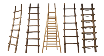 Collection of rustic wooden ladders isolated on transparent background, representing progress, aspiration, and reaching new heights in life and career