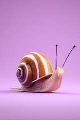 A close-up of a vibrant snail crawling on a soft pink backdrop, showcasing its intricate shell patterns