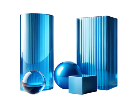 Arrangement of blue geometric shapes isolated on transparent background