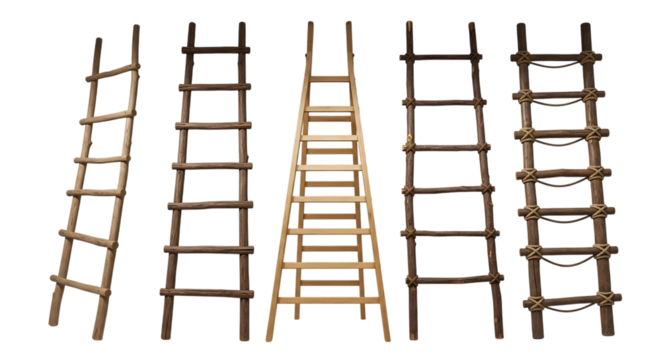Collection of rustic wooden ladders isolated on transparent background, representing progress, aspiration, and reaching new heights in life and career