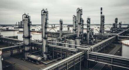 Fototapeta premium Industrial complex shows tanks, towers, pipes, and structure under cloudy sky