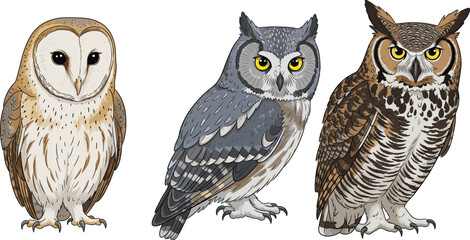 Realistic owl illustration set, barn owl, screech owl, great horned owl, bird species comparison, wildlife drawing, educational animal graphic