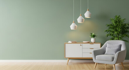 Serene Interior Scene Featuring a Light Green Wall, Modern White Cabinet, Stylish Armchair, and Elegant Pendant Lights Creating a Calm and Inviting Atmosphere