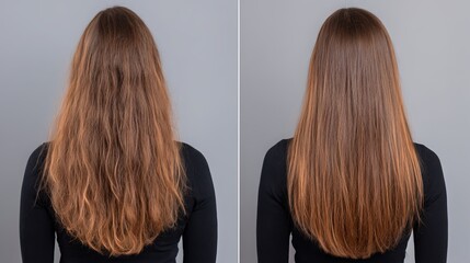 Fototapeta premium Hair lamination results: See the difference! Before-and-after photo showcases improved hair texture on a woman against a grey backdrop. A clear comparison of hair condition. 