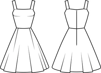 Sleeveless dress technical sketch, fashion illustration front and back, square neckline, flared skirt, fitted bodice, garment construction, apparel design