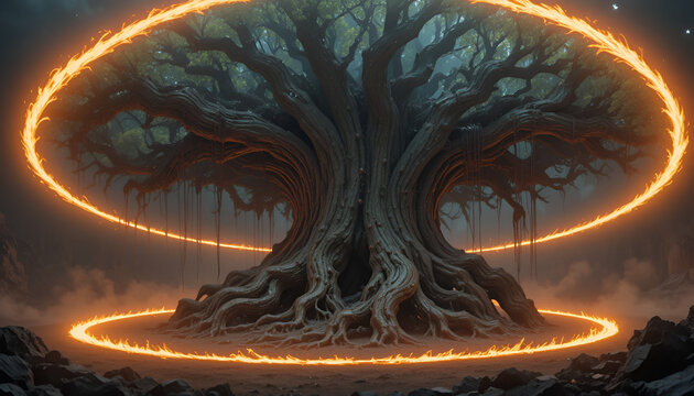 A majestic tree of life with glowing rings in a mystical landscape