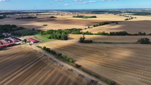 Aerial view of harvested golden fields meeting lush green trees and farm buildings under a blue sky with scattered clouds, Bruessow, Brandenburg, Germany.