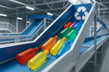 Colorful plastic bottles on recycling conveyor belt in modern facility with bright light and clean background, symbolizing eco-friendly practices. Ai generative