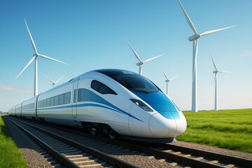 Fototapeta premium Futuristic high-speed train traveling past wind turbines on green landscape under clear blue sky, symbolizing eco-friendly transportation concept. Ai generative