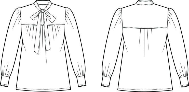 Technical blouse sketch, bow tie neckline, puff sleeves, gathered cuffs, pleated yoke, fashion illustration, garment template, sewing pattern, elegant design