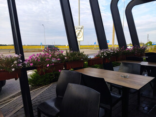 Scenic view from a cozy restaurant by the highway