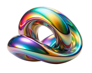 Iridescent knot isolated on transparent background with colorful metallic reflections