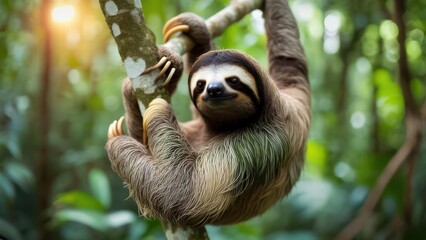 Fototapeta premium A Three-Toed Sloth Hangs from a Tree Branch in a Lush Green Rainforest.