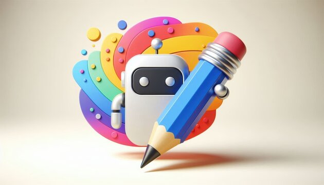 Ai education robot with pencil on colorful background. Robotic creative art icon.