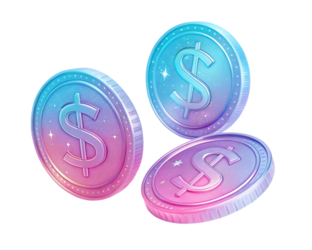 Three dollar coins with pink and blue gradients isolated on transparent background