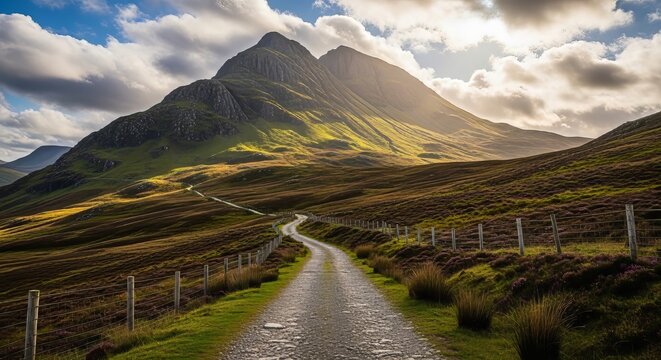 Scenic path leads to the majestic peak of tryfan mountain in snowdonia national park, wales, uk, under cloudy sky