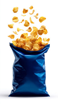 Crispy potato chips falling into a glossy blue bag, perfect for snacking ads and food packaging designs, creating cravings with delicious salty goodness