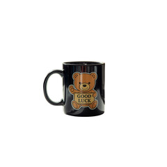 Black Coffee Mug with Cute Teddy Bear Good Luck Design | Gift and Decorative Cup.