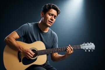 Obraz premium Emotional man passionately playing acoustic guitar under dramatic spotlight on dark abstract background. Ai generative. Ai generative